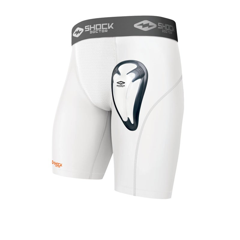 Shock Doctor Compression Shorts with Protective Bio-Flex Cup, Moisture Wicking Vented Protection, White, Adult, Small - Image 1